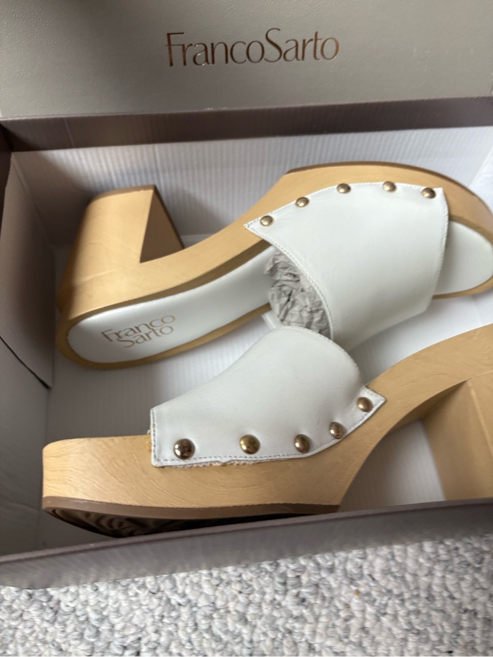 Franco Sarto White Leather Studded Platform Clogs